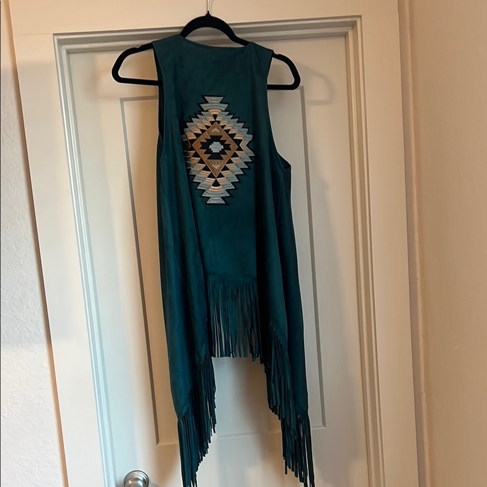 Teal Fringe Vest with Southwestern Embroidery